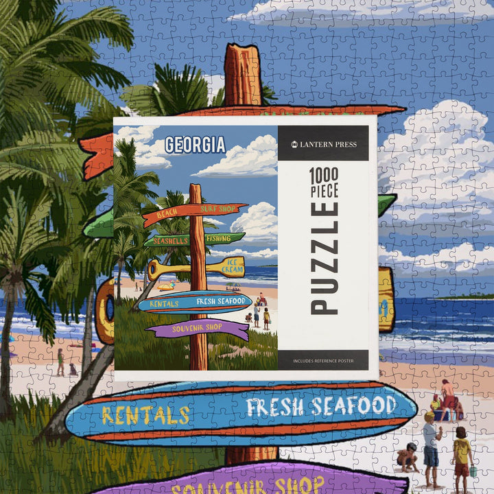 Georgia, Signpost, Coast Beach with Palms, Jigsaw Puzzle Puzzle Lantern Press