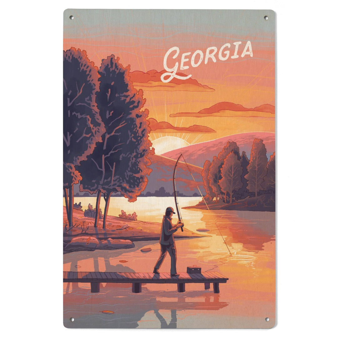 Georgia, This is Living, Fishing with Hills, Wood Signs and Postcards Wood Lantern Press