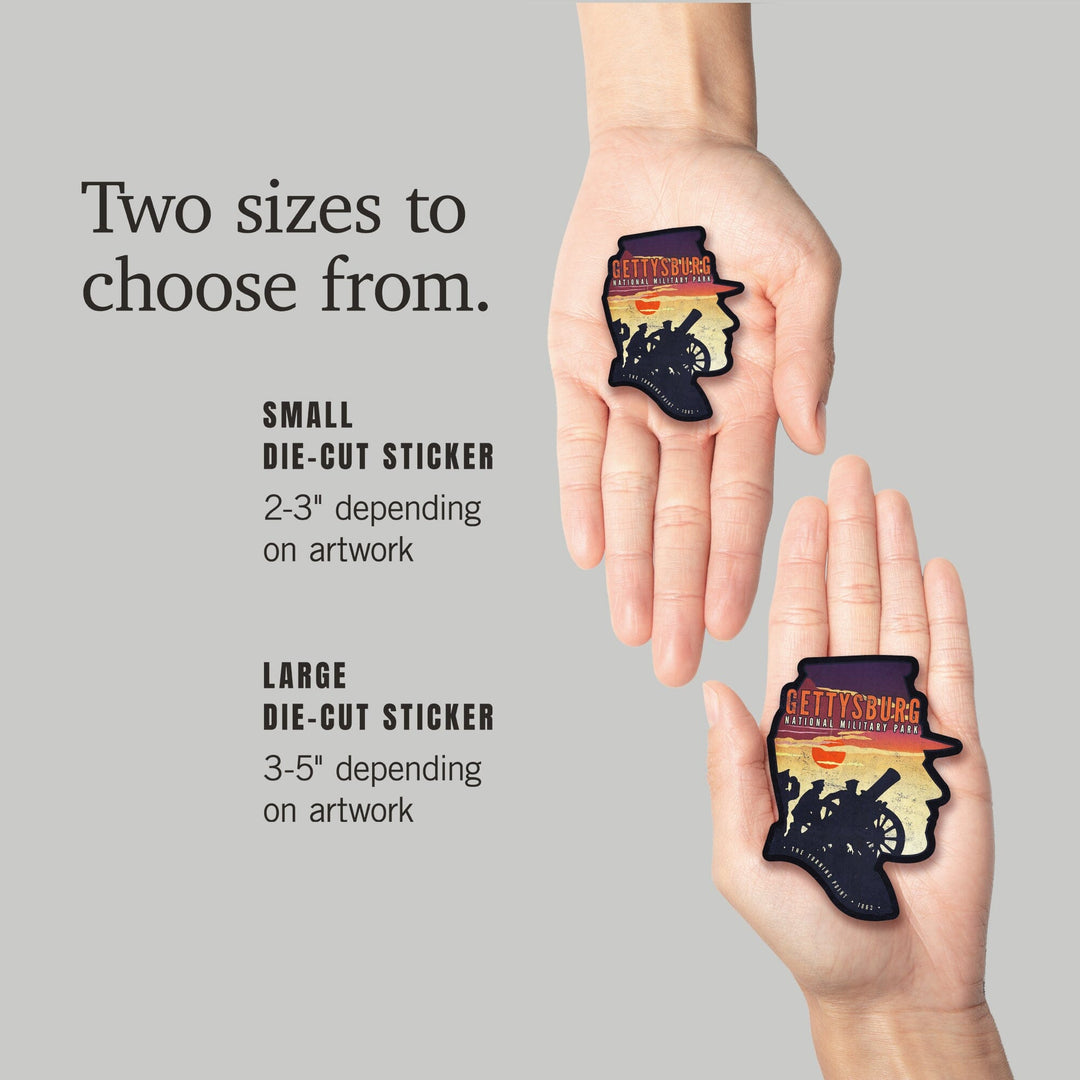 Gettysburg National Military Park, Pennsylvania, Soldiers & Cannons, Contour, Lantern Press Artwork, Vinyl Sticker - Lantern Press