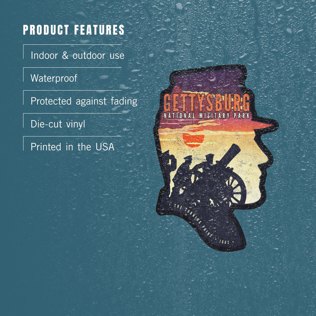 Gettysburg National Military Park, Pennsylvania, Soldiers & Cannons, Contour, Lantern Press Artwork, Vinyl Sticker - Lantern Press
