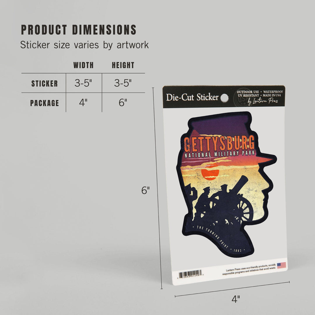 Gettysburg National Military Park, Pennsylvania, Soldiers & Cannons, Contour, Lantern Press Artwork, Vinyl Sticker - Lantern Press