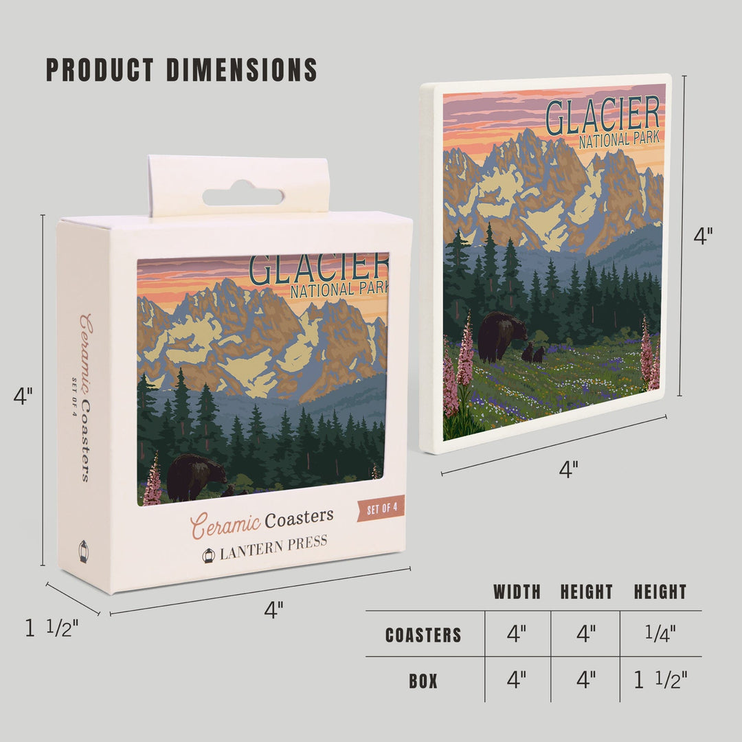 Glacier National Park, Montana, Bear and Cubs with Flowers, Coasters Coasters Lantern Press
