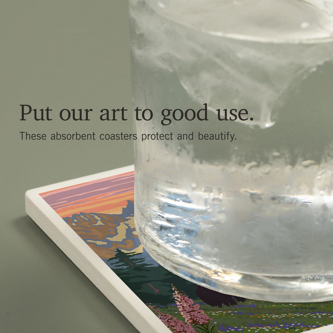 Glacier National Park, Montana, Bear and Cubs with Flowers, Coasters Coasters Lantern Press