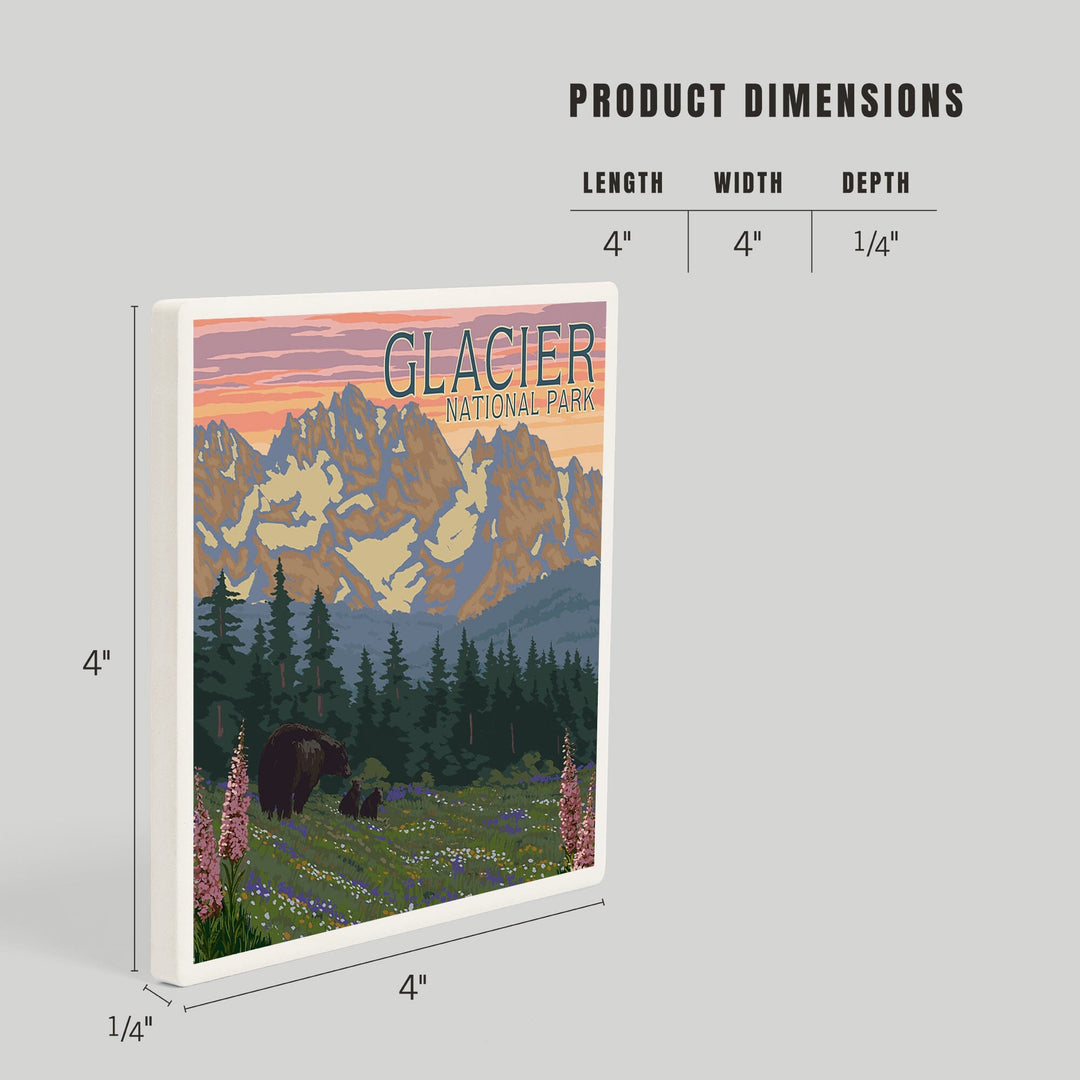 Glacier National Park, Montana, Bear and Cubs with Flowers, Coasters Coasters Lantern Press