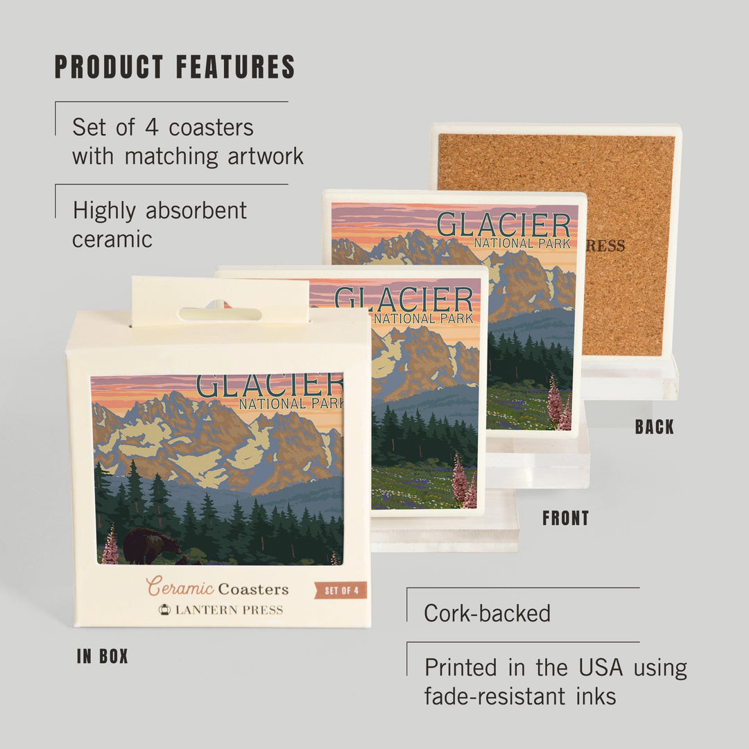 Glacier National Park, Montana, Bear and Cubs with Flowers, Coasters Coasters Lantern Press