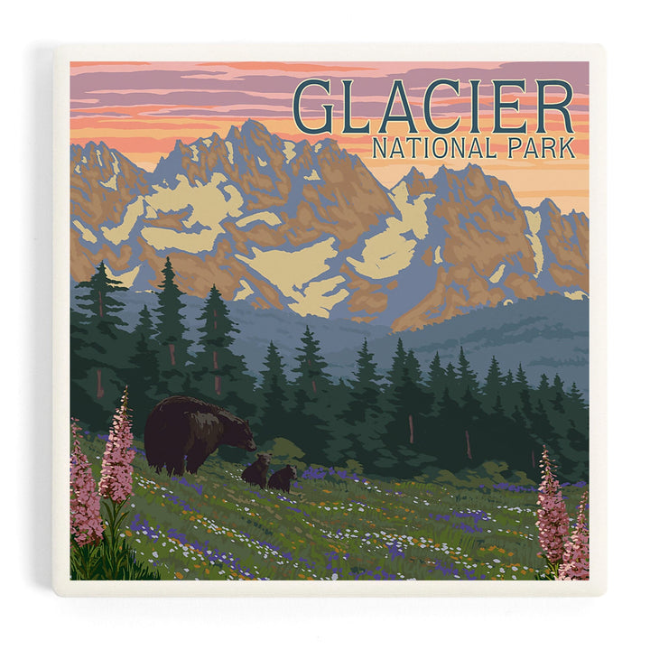 Glacier National Park, Montana, Bear and Cubs with Flowers, Coasters Coasters Lantern Press