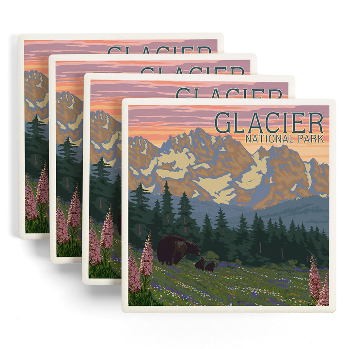 Glacier National Park, Montana, Bear and Cubs with Flowers, Coasters Coasters Lantern Press