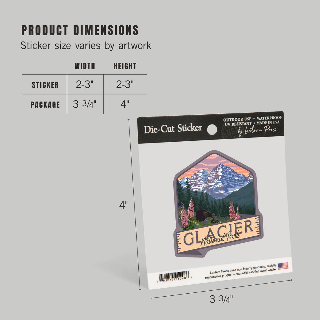 Glacier National Park, Montana, Bear and Spring Flowers, Contour, Lantern Press Artwork, Vinyl Sticker - Lantern Press
