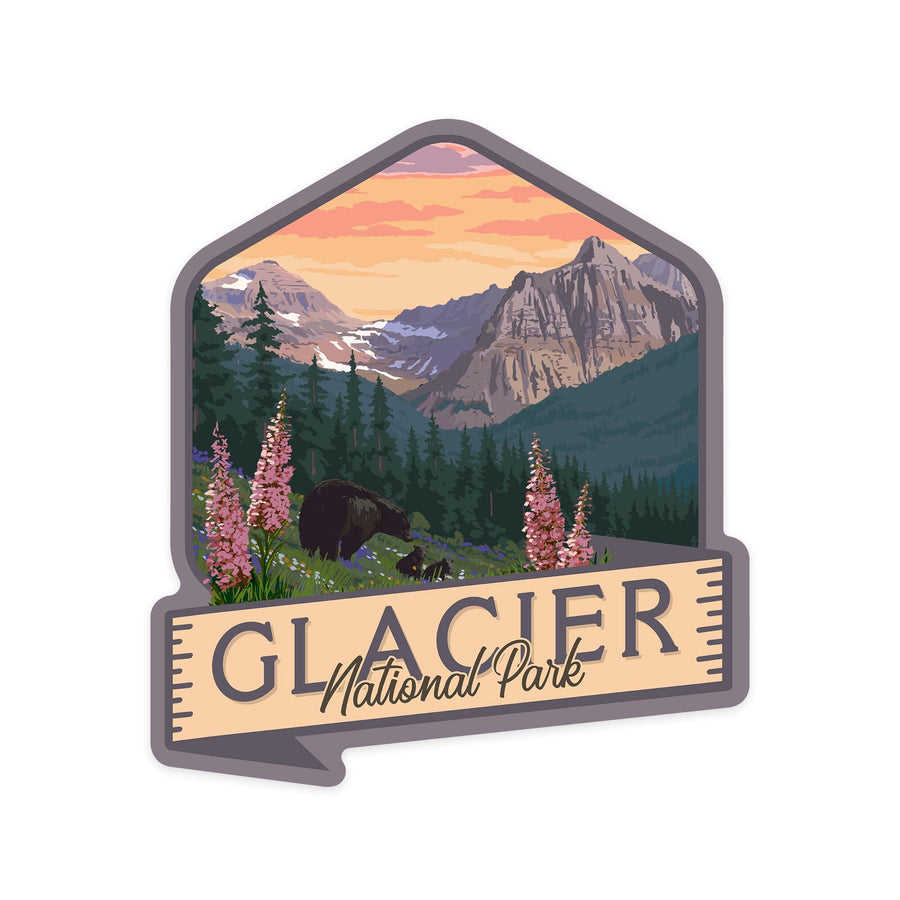 Glacier National Park, Montana, Bear and Spring flowers, Contour, Lantern Press Artwork, Vinyl Sticker - Lantern Press