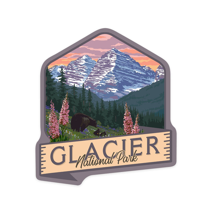 Glacier National Park, Montana, Bear and Spring Flowers, Contour, Lantern Press Artwork, Vinyl Sticker - Lantern Press