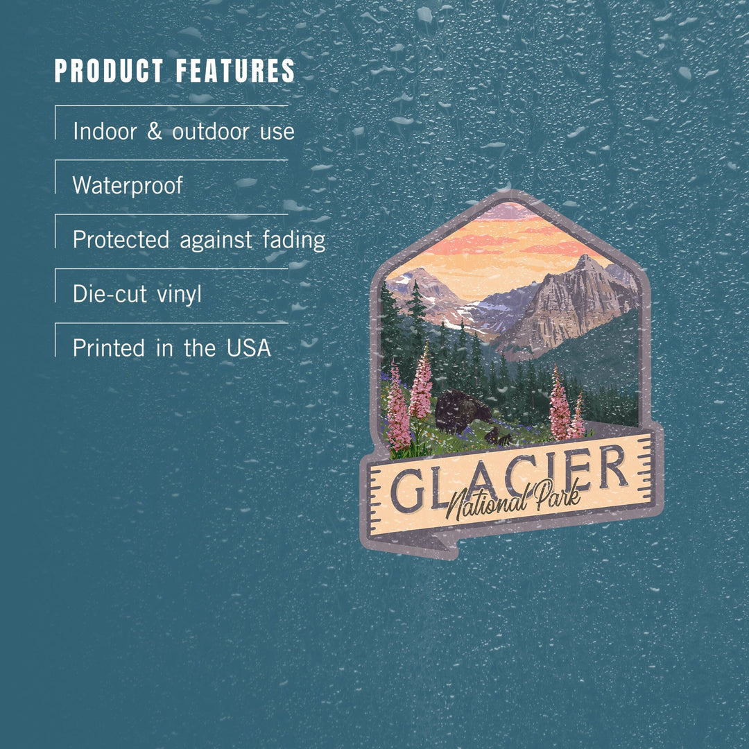 Glacier National Park, Montana, Bear and Spring flowers, Contour, Lantern Press Artwork, Vinyl Sticker - Lantern Press