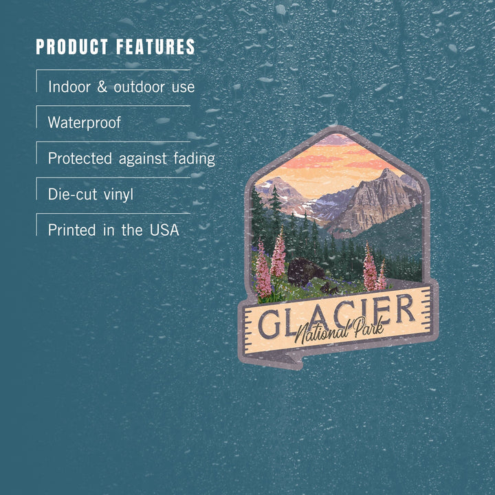 Glacier National Park, Montana, Bear and Spring flowers, Contour, Lantern Press Artwork, Vinyl Sticker - Lantern Press