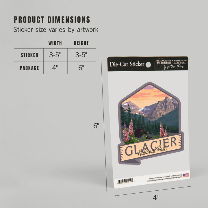 Glacier National Park, Montana, Bear and Spring flowers, Contour, Lantern Press Artwork, Vinyl Sticker - Lantern Press