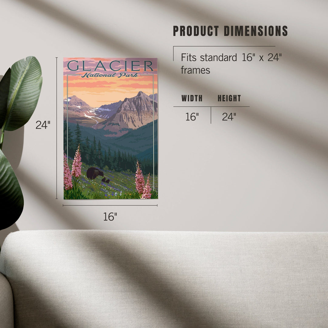 Glacier National Park, Montana, Bear and Spring Flowers, Mountains, Art & Giclee Prints - Lantern Press
