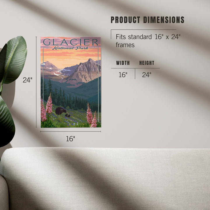 Glacier National Park, Montana, Bear and Spring Flowers, Mountains, Art & Giclee Prints - Lantern Press