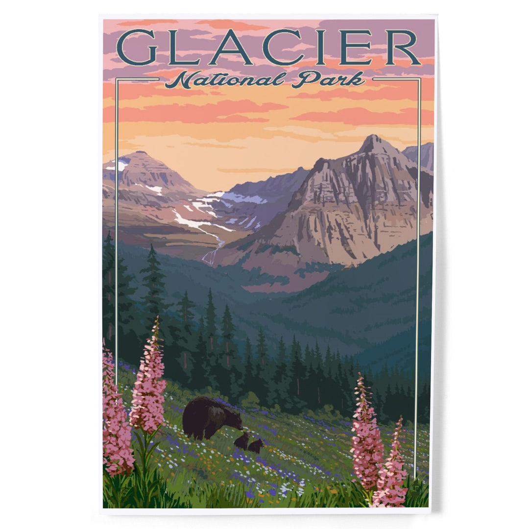 Glacier National Park, Montana, Bear and Spring Flowers, Mountains, Art & Giclee Prints - Lantern Press