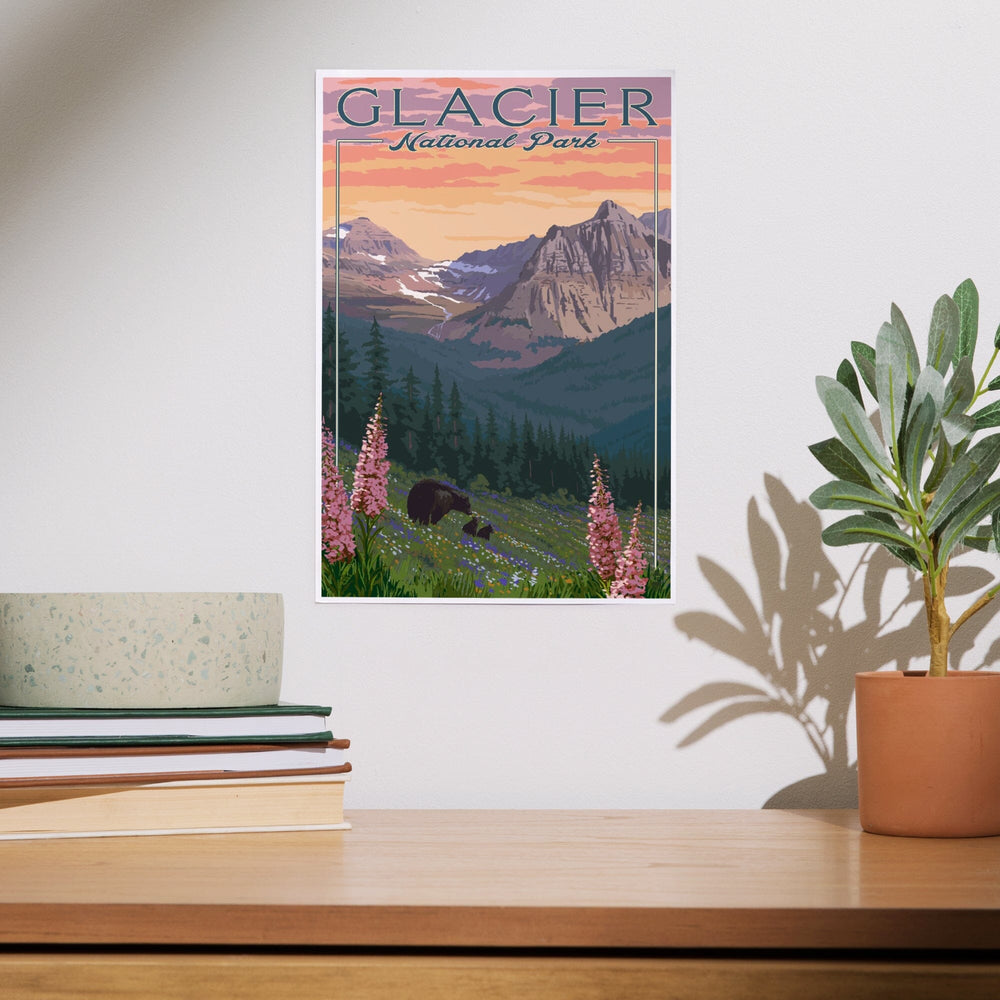 Glacier National Park, Montana, Bear and Spring Flowers, Mountains, Art & Giclee Prints - Lantern Press