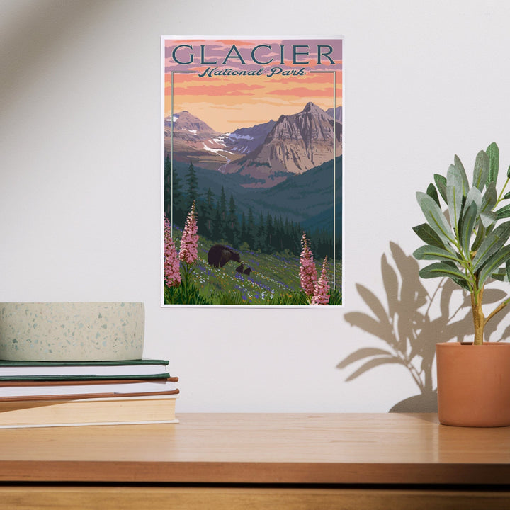Glacier National Park, Montana, Bear and Spring Flowers, Mountains, Art & Giclee Prints - Lantern Press