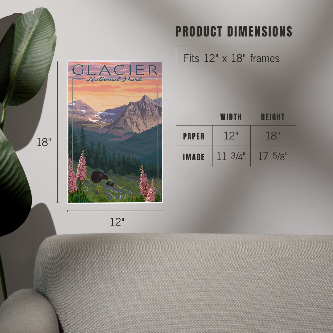 Glacier National Park, Montana, Bear and Spring Flowers, Mountains, Art & Giclee Prints - Lantern Press