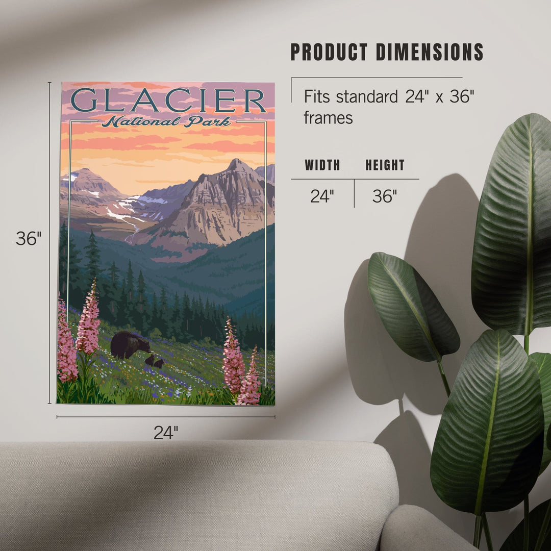 Glacier National Park, Montana, Bear and Spring Flowers, Mountains, Art & Giclee Prints - Lantern Press