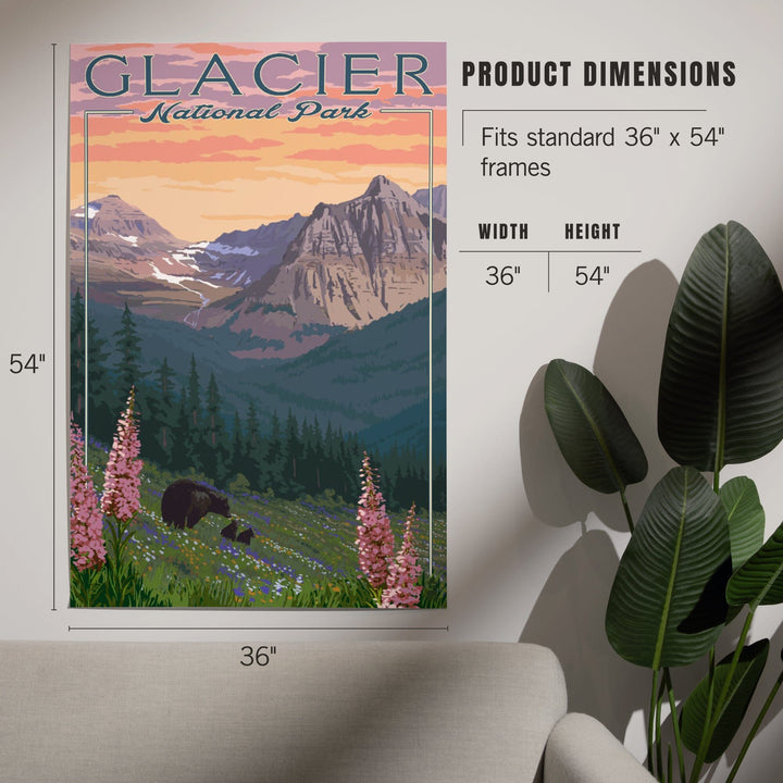 Glacier National Park, Montana, Bear and Spring Flowers, Mountains, Art & Giclee Prints - Lantern Press