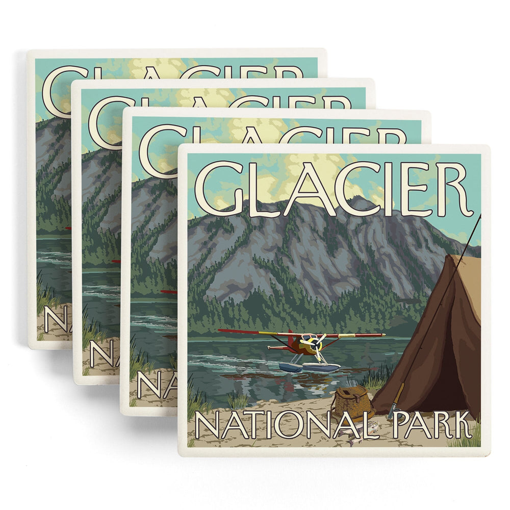 Glacier National Park, Montana, Bush Plane and Fishing, Coasters Coasters Lantern Press