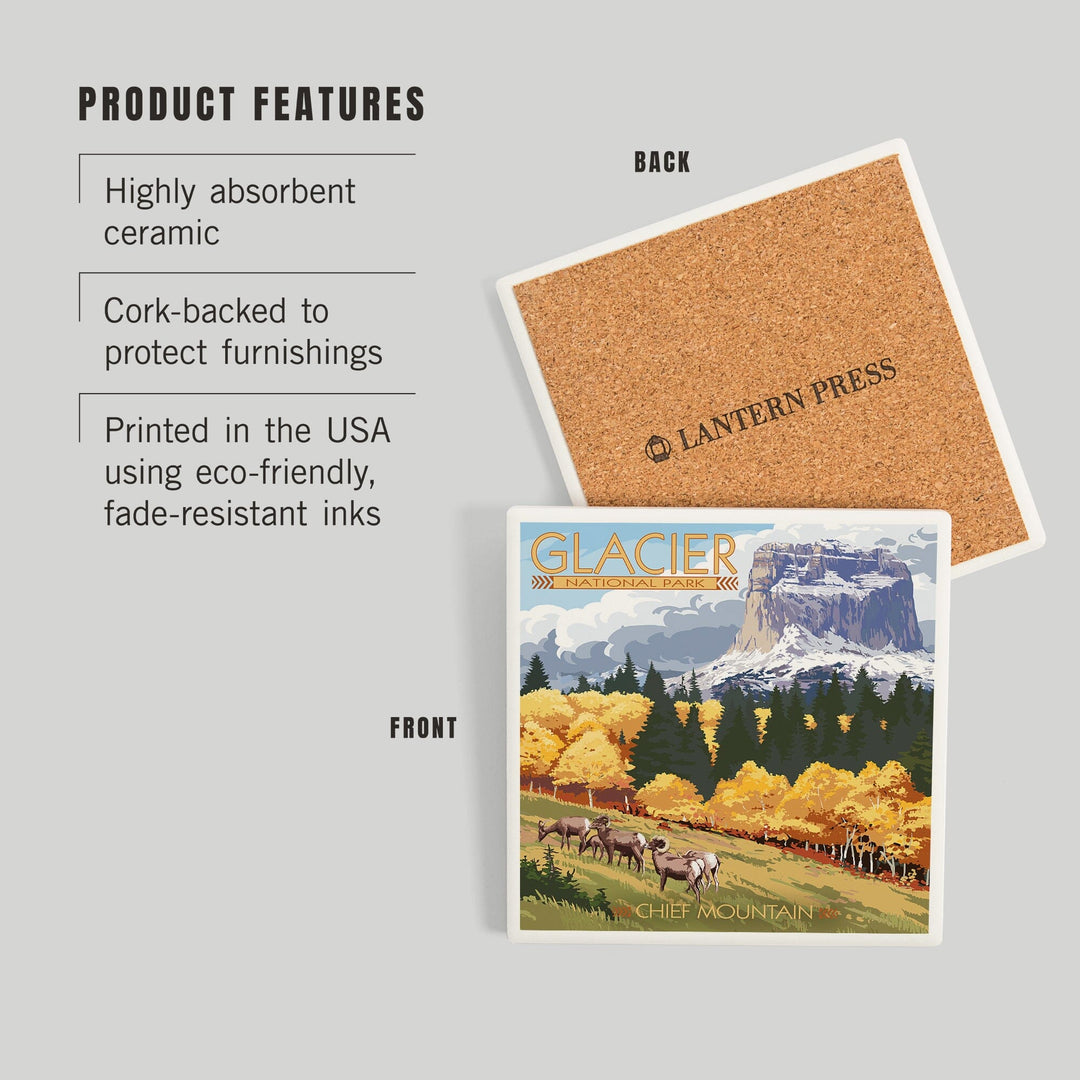 Glacier National Park, Montana, Chief Mountain and Big Horn Sheep, Coasters Coasters Lantern Press