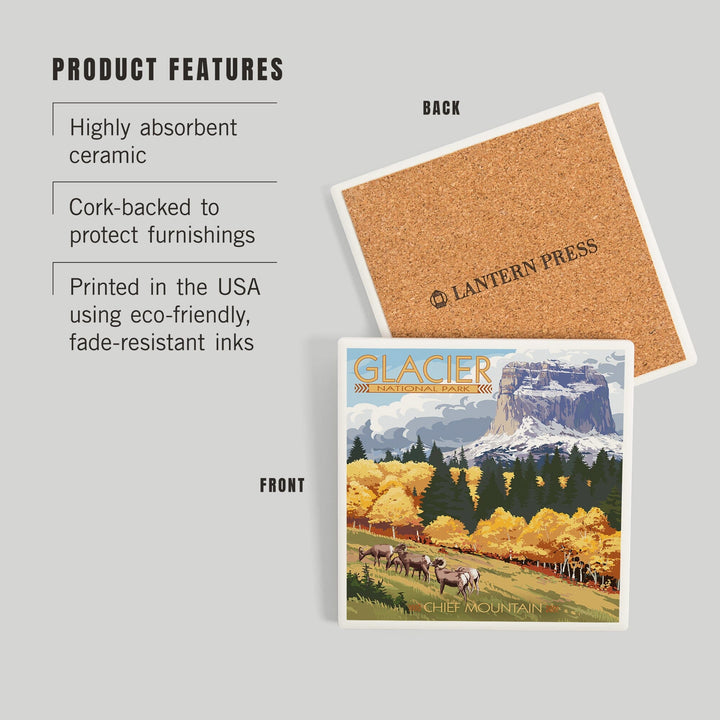 Glacier National Park, Montana, Chief Mountain and Big Horn Sheep, Coasters Coasters Lantern Press