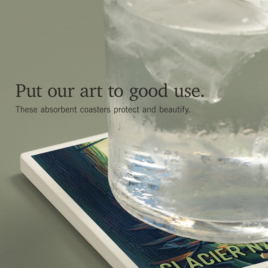 Glacier National Park, Montana, Get Outside Series, Wanderer, Bigfoot in Forest, Coasters Coasters Lantern Press