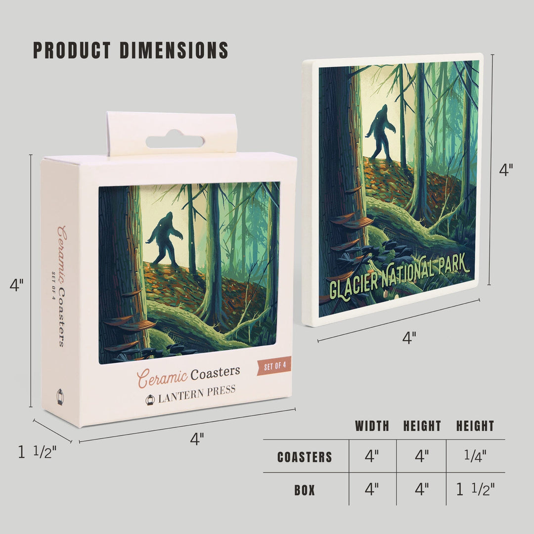 Glacier National Park, Montana, Get Outside Series, Wanderer, Bigfoot in Forest, Coasters Coasters Lantern Press