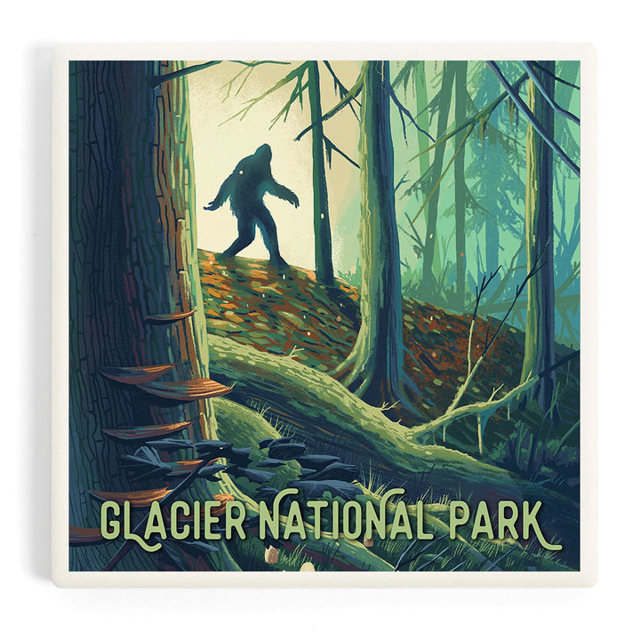 Glacier National Park, Montana, Get Outside Series, Wanderer, Bigfoot in Forest, Coasters Coasters Lantern Press