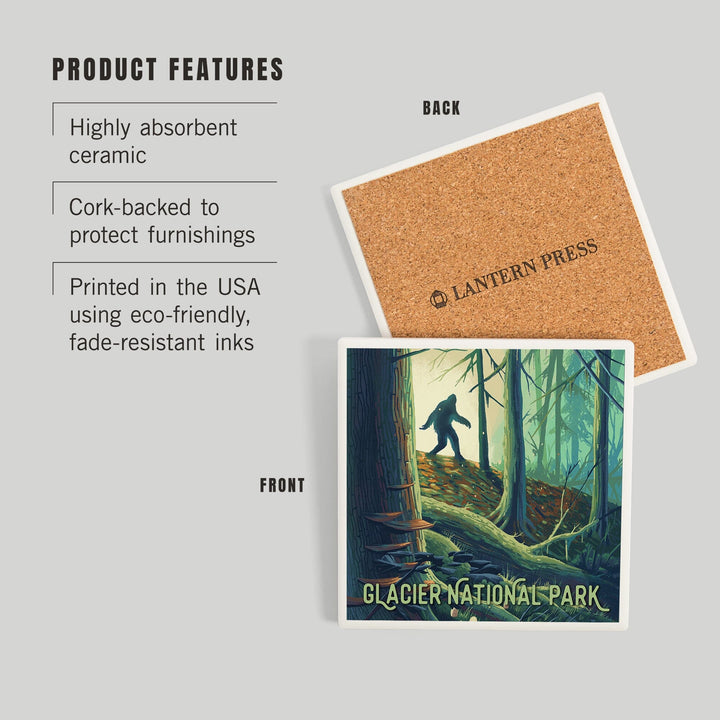 Glacier National Park, Montana, Get Outside Series, Wanderer, Bigfoot in Forest, Coasters Coasters Lantern Press