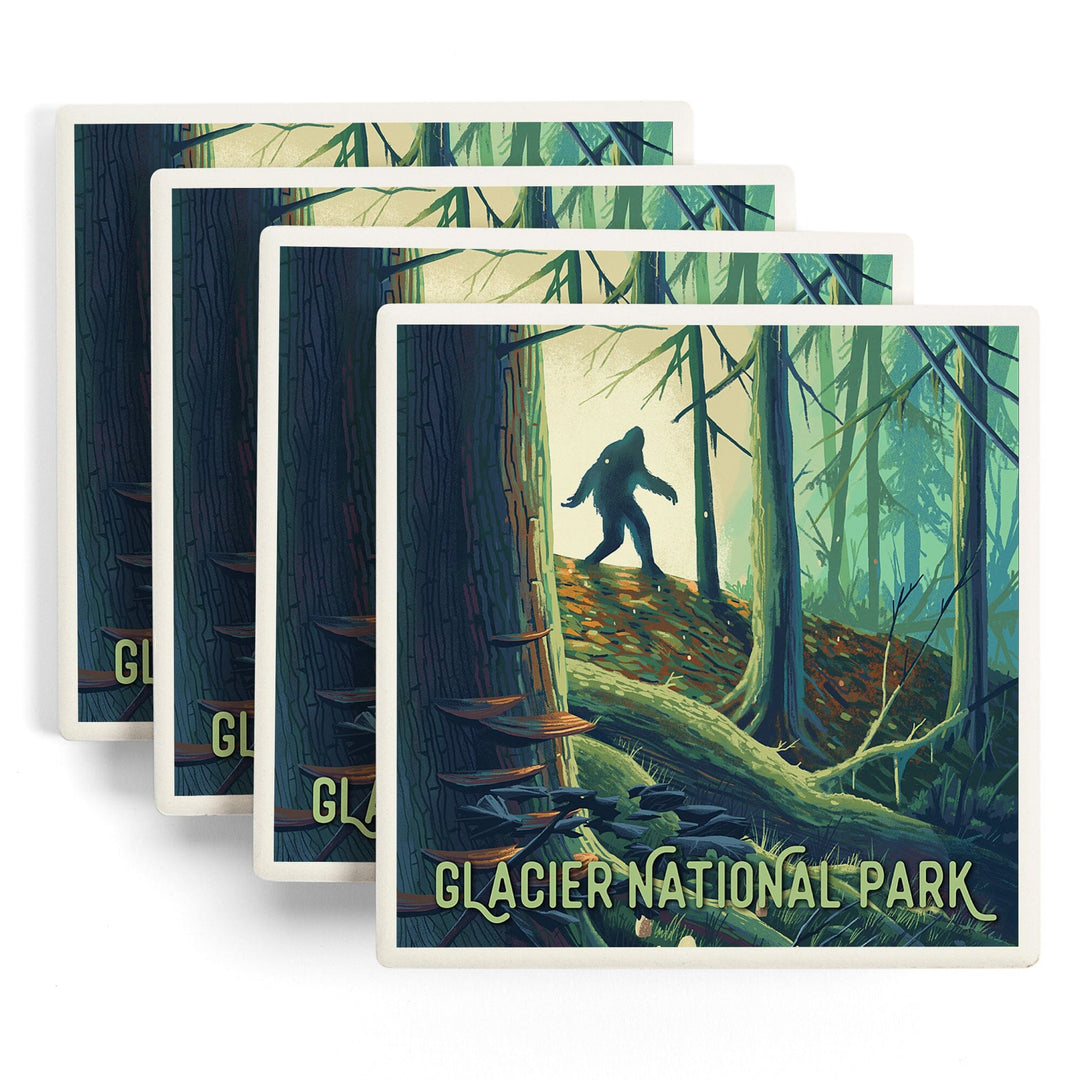 Glacier National Park, Montana, Get Outside Series, Wanderer, Bigfoot in Forest, Coasters Coasters Lantern Press