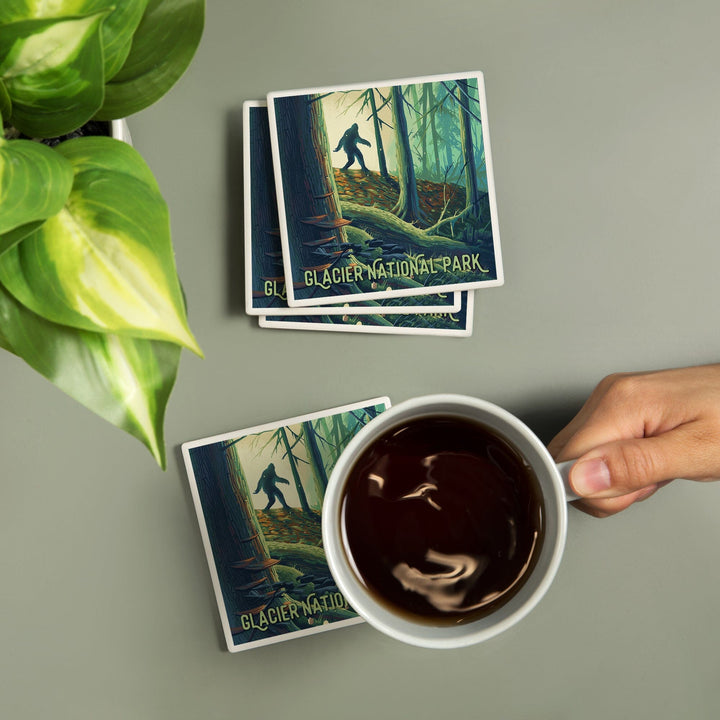 Glacier National Park, Montana, Get Outside Series, Wanderer, Bigfoot in Forest, Coasters Coasters Lantern Press