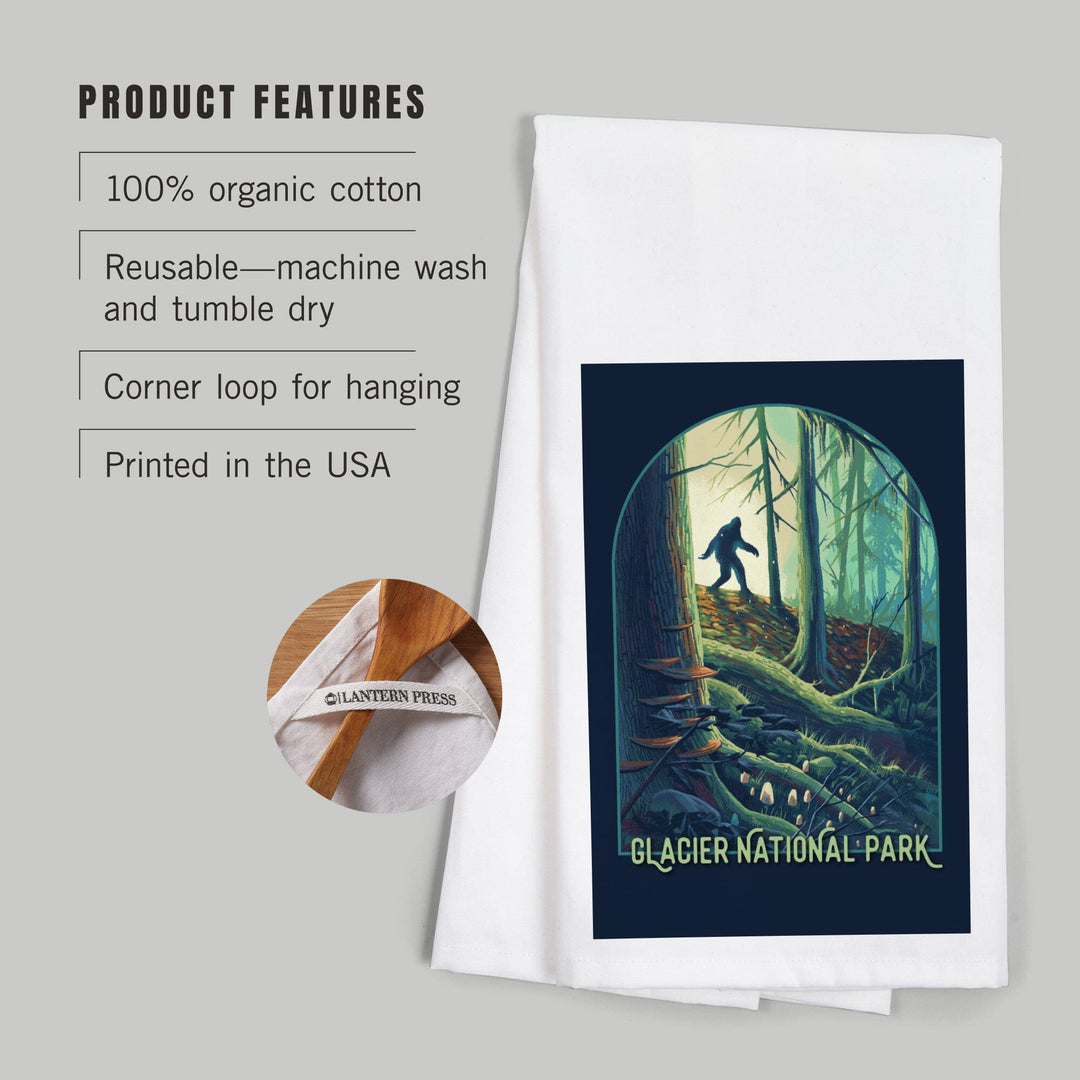 Glacier National Park, Montana, Get Outside, Wanderer, Bigfoot in Forest, Organic Cotton Kitchen Tea Towels Kitchen Lantern Press