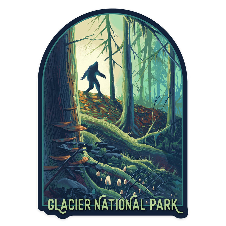 Glacier National Park, Montana, Get Outside, Wanderer, Bigfoot in Forest, Vinyl Sticker Sticker Lantern Press