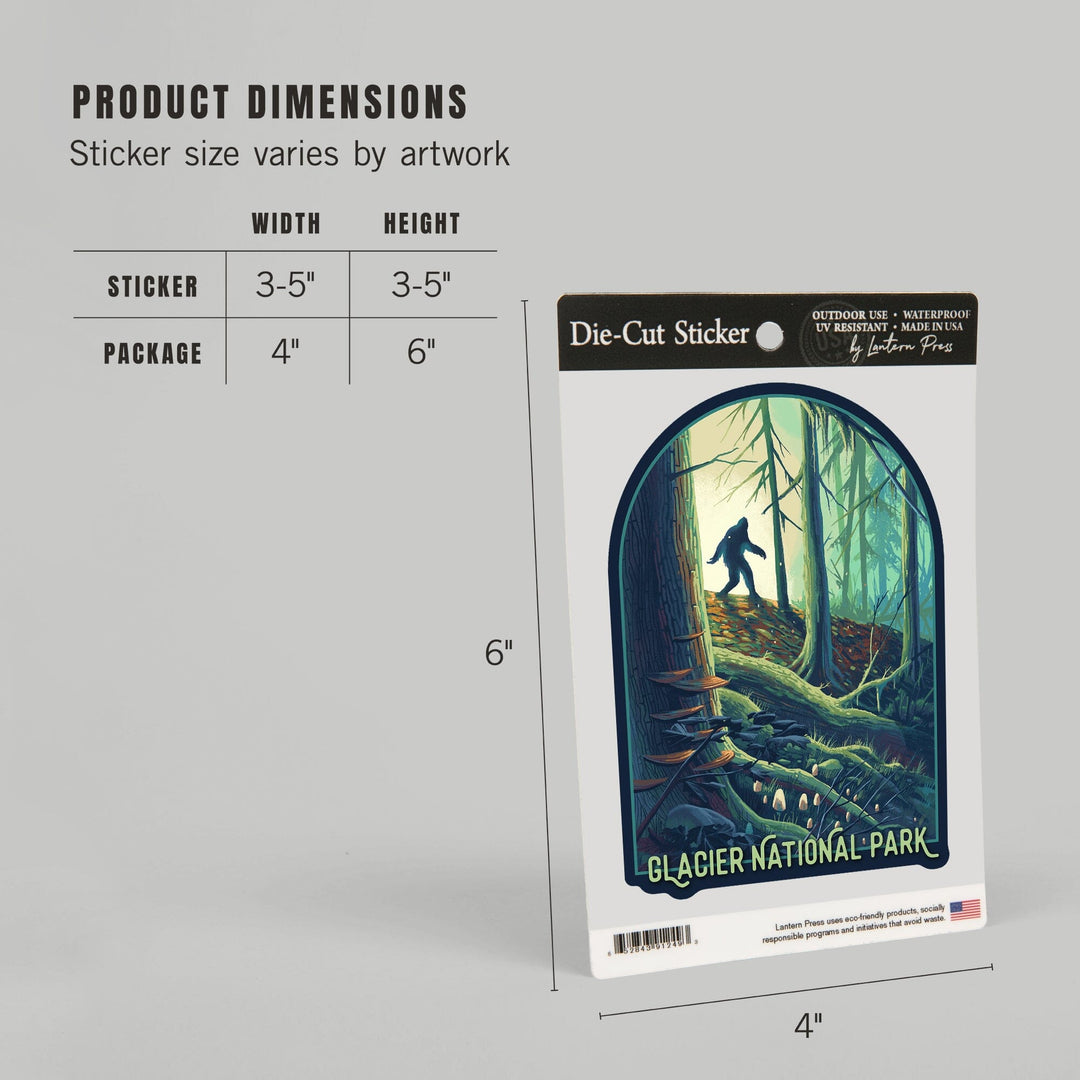 Glacier National Park, Montana, Get Outside, Wanderer, Bigfoot in Forest, Vinyl Sticker Sticker Lantern Press