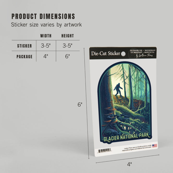 Glacier National Park, Montana, Get Outside, Wanderer, Bigfoot in Forest, Vinyl Sticker Sticker Lantern Press
