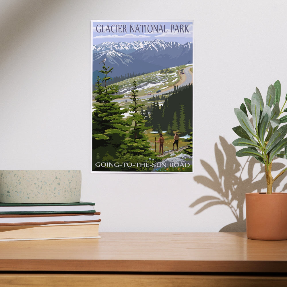 Glacier National Park, Montana, Going to the Sun Road and Hikers, Art & Giclee Prints - Lantern Press