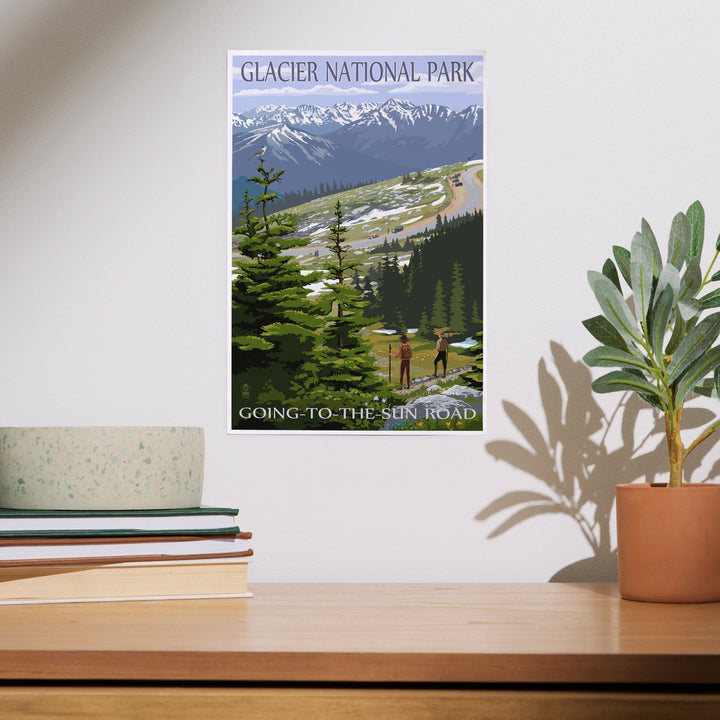 Glacier National Park, Montana, Going to the Sun Road and Hikers, Art & Giclee Prints - Lantern Press