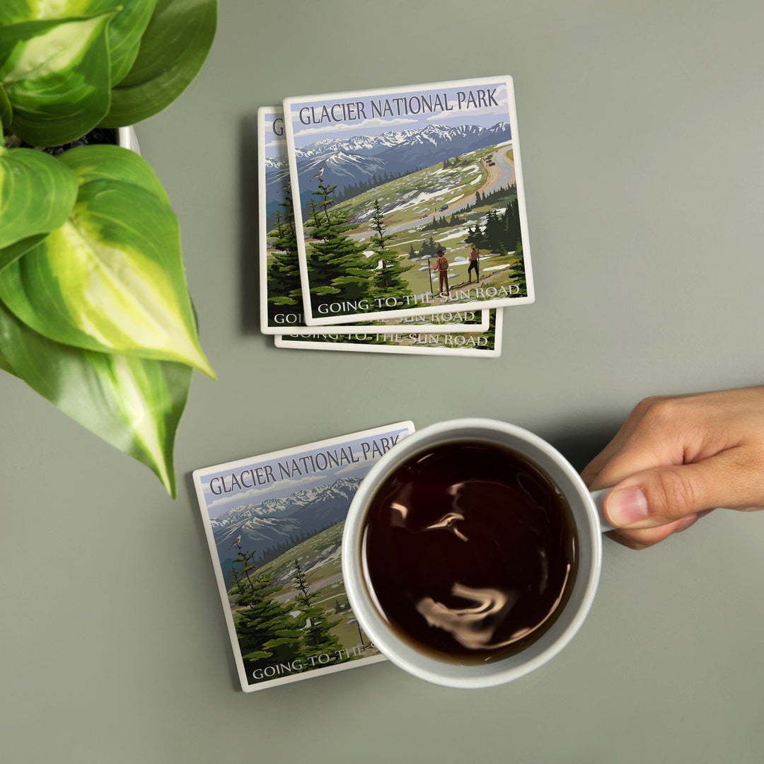Glacier National Park, Montana, Going to the Sun Road and Hikers, Coasters Coasters Lantern Press