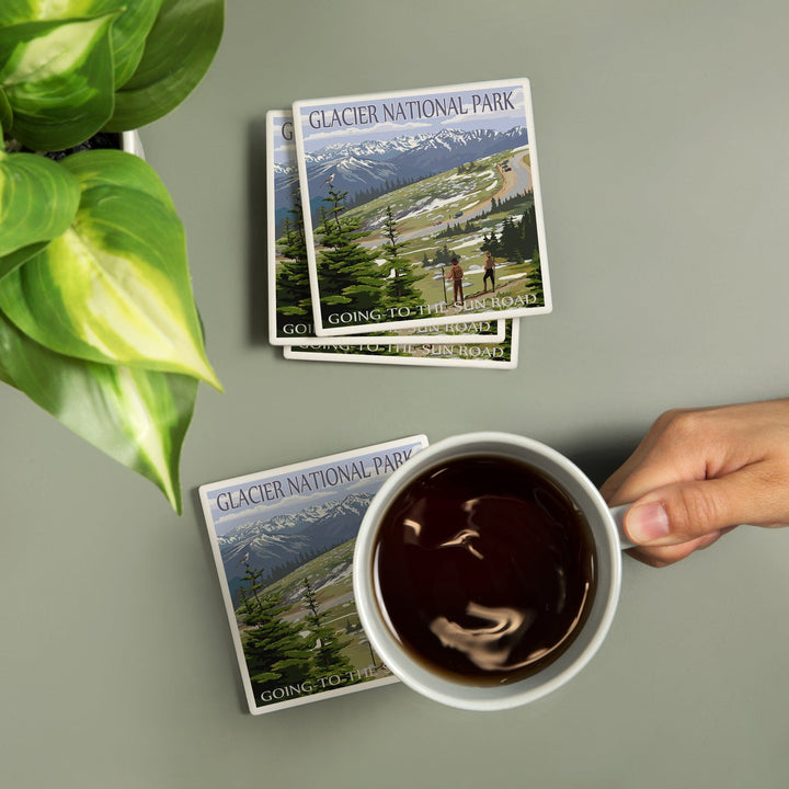 Glacier National Park, Montana, Going to the Sun Road and Hikers, Coasters Coasters Lantern Press