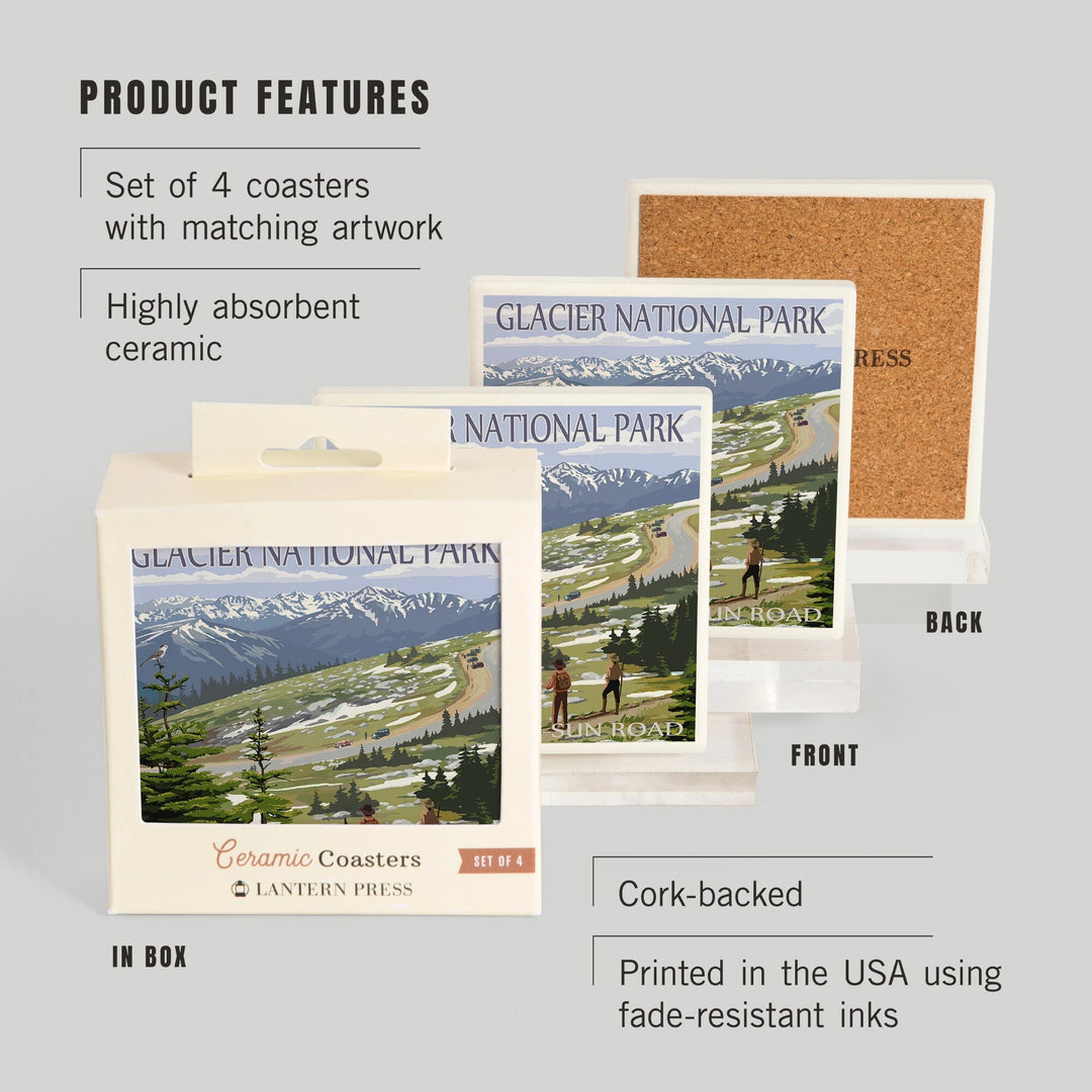 Glacier National Park, Montana, Going to the Sun Road and Hikers, Coasters Coasters Lantern Press
