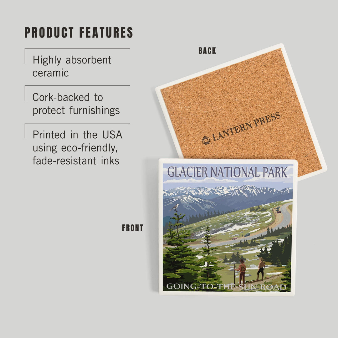 Glacier National Park, Montana, Going to the Sun Road and Hikers, Coasters Coasters Lantern Press
