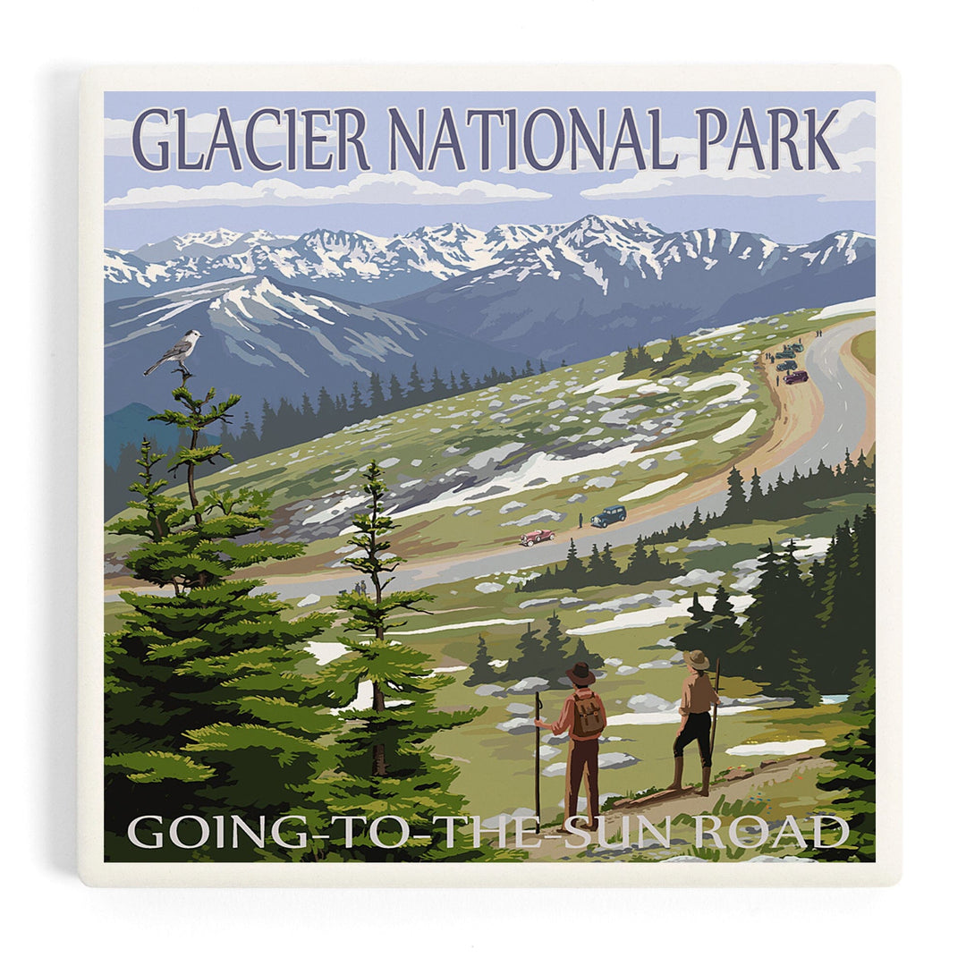 Glacier National Park, Montana, Going to the Sun Road and Hikers, Coasters Coasters Lantern Press Coaster