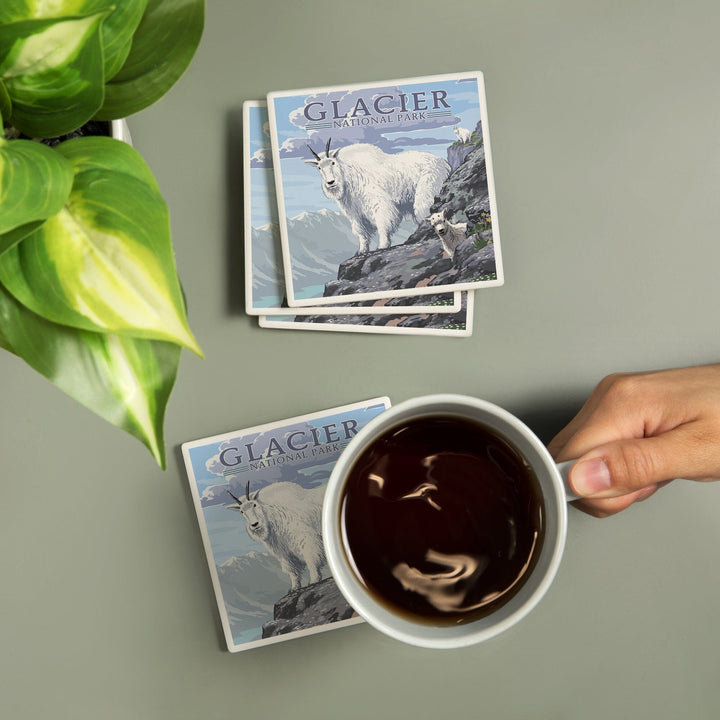 Glacier National Park, Montana, Mountain Goat and Kid, Illustration, Coasters Coasters Lantern Press