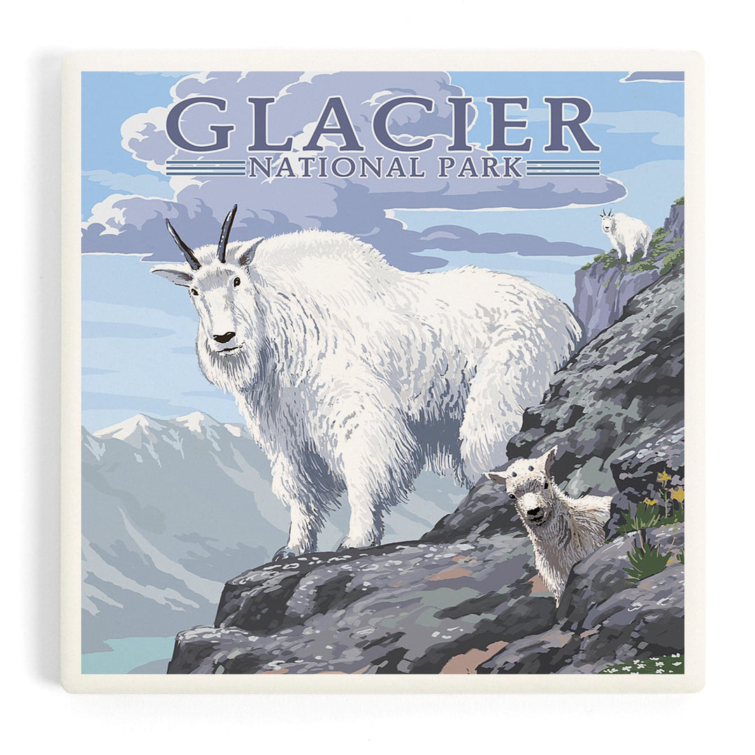 Glacier National Park, Montana, Mountain Goat and Kid, Illustration, Coasters Coasters Lantern Press Coaster