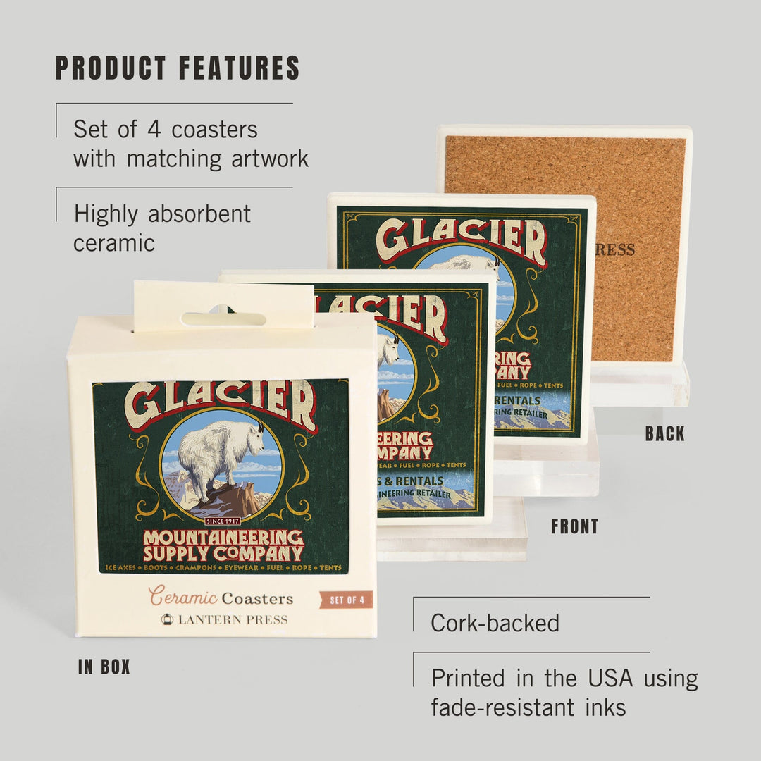Glacier National Park, Montana, Mountain Goat Vintage Sign, Coasters Coasters Lantern Press