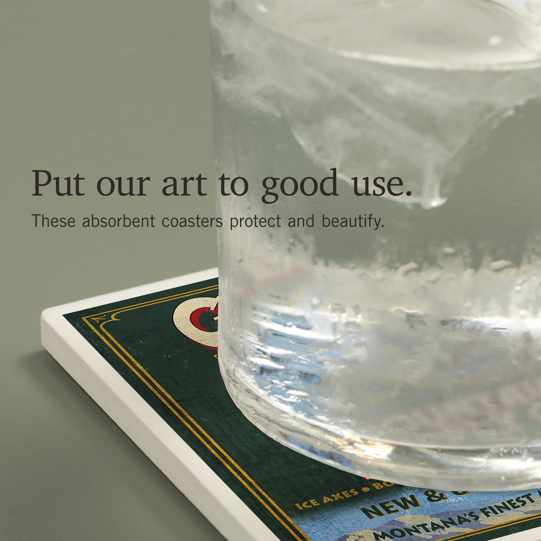 Glacier National Park, Montana, Mountain Goat Vintage Sign, Coasters Coasters Lantern Press