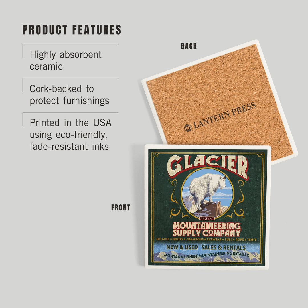 Glacier National Park, Montana, Mountain Goat Vintage Sign, Coasters Coasters Lantern Press
